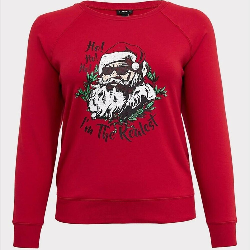 ✨2/$20 Torrid Fleece Santa Christmas Holiday Sweatshirt Red Size 10 M or 12 L - Picture 2 of 9